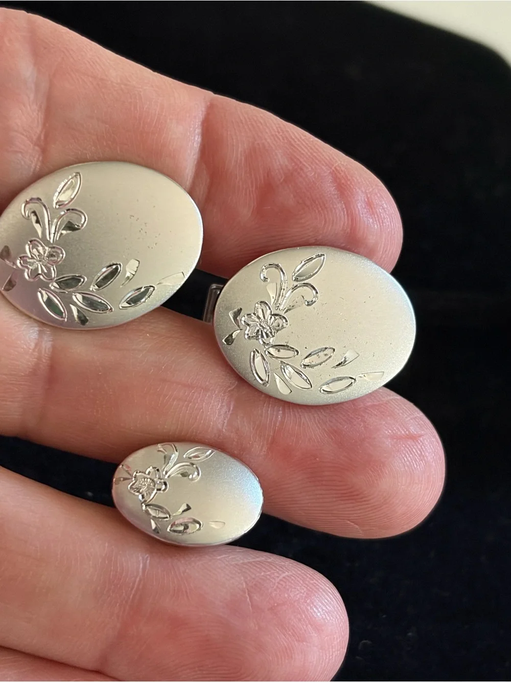 Silver Floral Engraved Oval Cufflinks and Stud Set